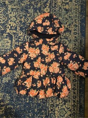 Floral Hooded Puffer Jacket - Navy with Coral Roses